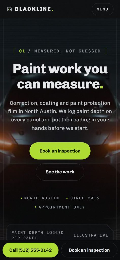 Mobile: a fixed action bar keeps Call and Book within thumb reach the whole way down