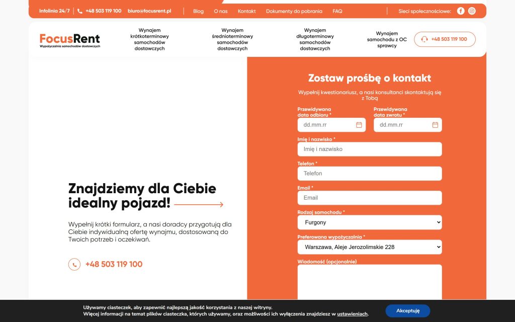 The enquiry form: dates, vehicle type and pick-up branch, so the first call already has the facts