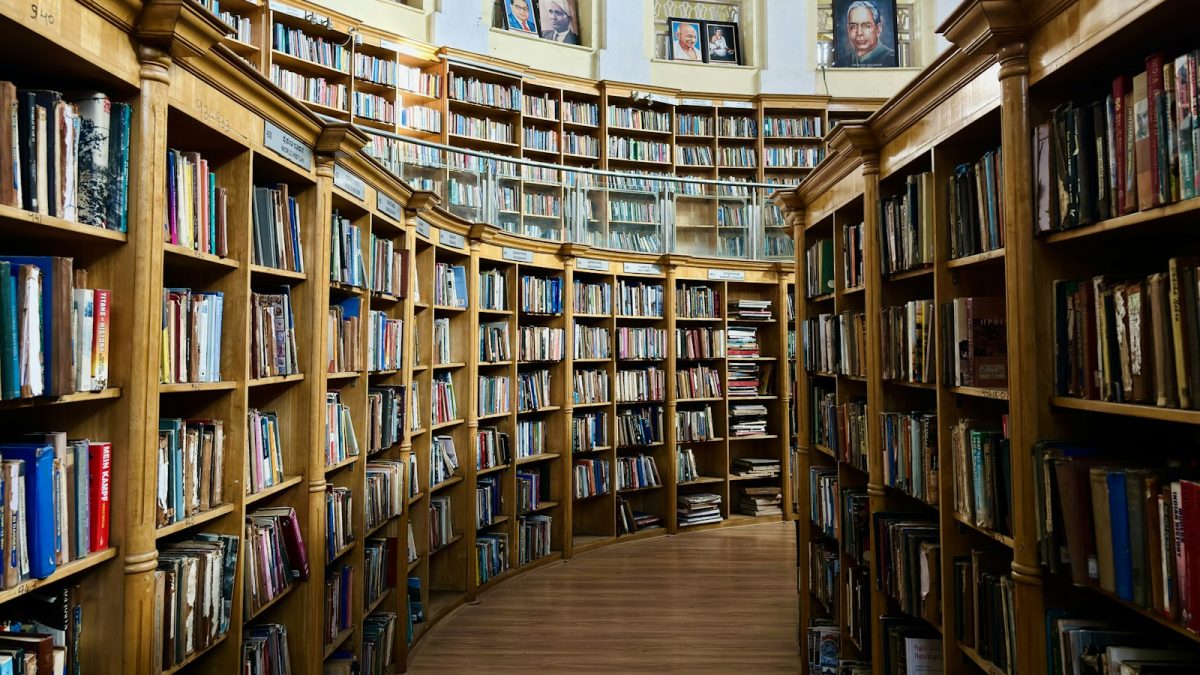 A long row of library shelves